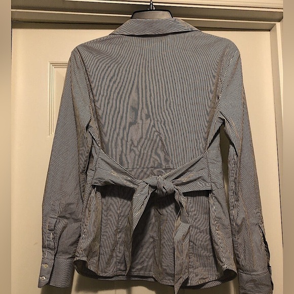 Zara Basic Large Long Sleeve Blue White Striped Tie Back Belt Collared Blouse - Picture 2 of 6